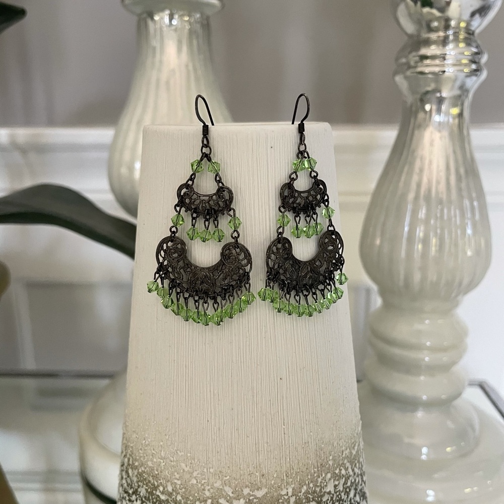 Green Beaded Chandelier Drop Earrings